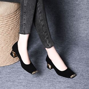 浅口粗跟单鞋 金属头高跟鞋 爆款 方头气质2025秋季 子 女粗跟女士皮鞋