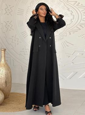 modest 100% cotton arabian women dress 回族条纹通勤开衫外套