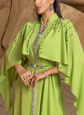 Dubai luxury party dress果绿色半高领披肩连衣裙手工缝钻礼服裙