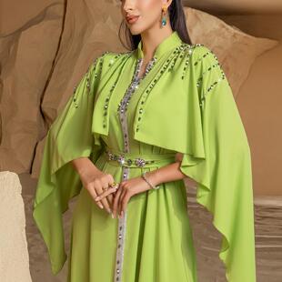 Dubai luxury party dress果绿色半高领披肩连衣裙手工缝钻礼服裙