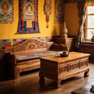 藏式雕花沙发床彩绘罗汉床实木盘腿打坐法坐榻榻米床上师床榻禅座