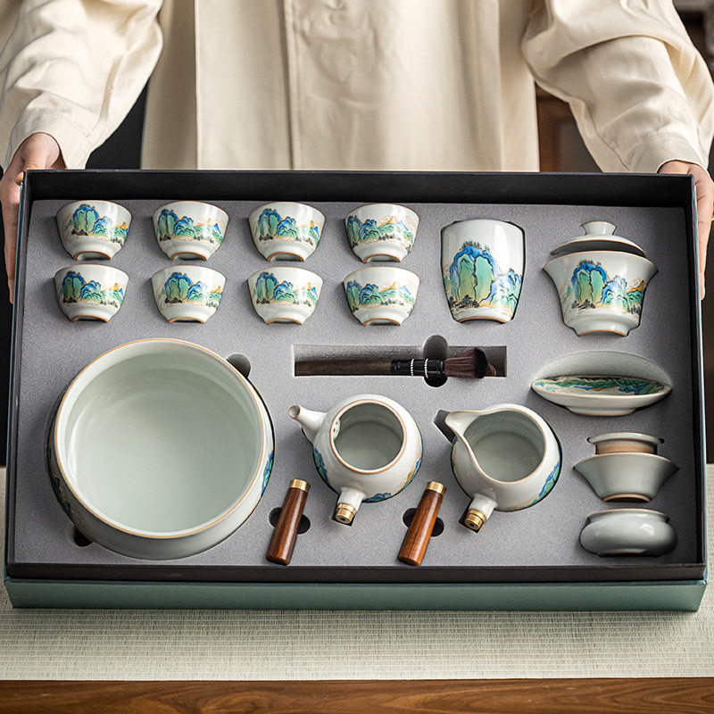 汝窑侧把壶茶具套装开片可养功夫茶具复古家用整套礼盒装送礼