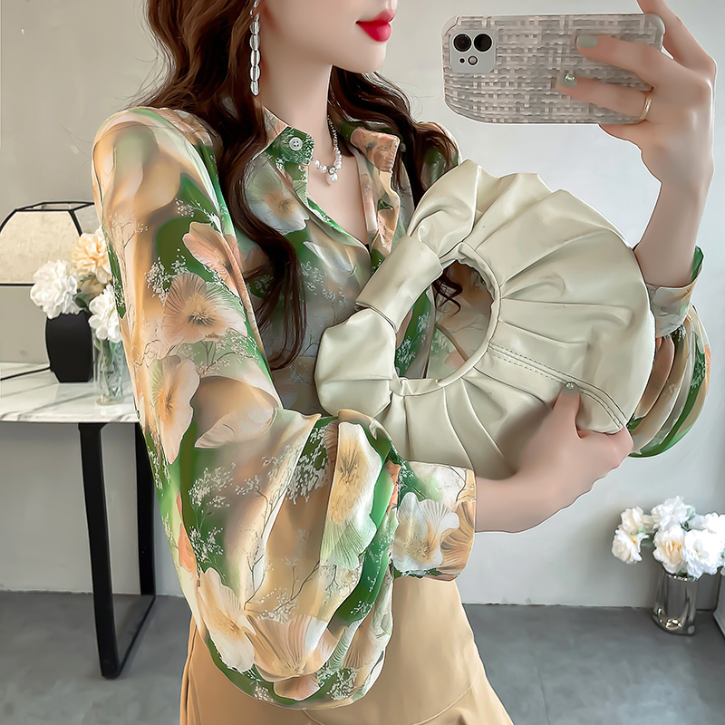 绿色碎花雪纺女衬衫轻奢高级感