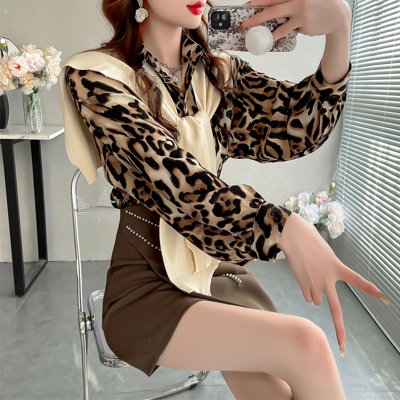 纯色薄款高级感披肩外搭小坎肩+豹纹衬衣时尚套装百搭针织围巾女