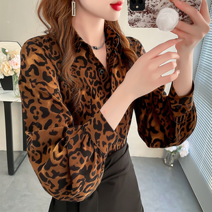 豹纹印花长袖上衣春款衬衫女高级感轻奢减龄洋气时髦宽松显瘦衬衣