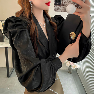 领长袖 洋气印花西装 宽松衬衣秋 小资衬衫 黑色高级感上衣女人味法式