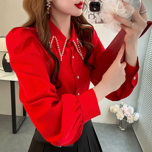 红色珍珠领衬衫女高级感轻奢减龄洋气衬衣宽松名媛风泡泡袖上衣冬