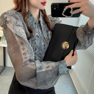 法式小资小上衣灰色豹纹雪纺长袖衬衣显瘦气质女神镶钻尖领衬衫秋