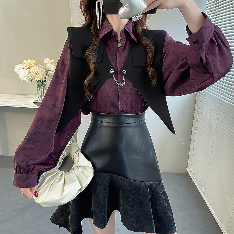 紫色别致印花衬衫女2024新款套装大码长袖翻领衬衣马甲两件套上衣