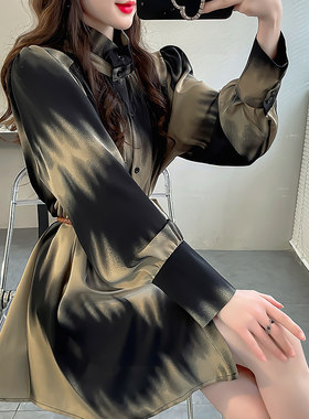 大码收腰中长款雪纺衬衫女