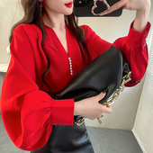 雪纺衬衣春 上衣女气质名媛显瘦灯笼袖 红色钉珠设计感V领法式 衬衫
