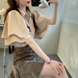 衬衫 夏装 上衣气质名媛翻领雪纺衬衣荷叶边纯色短袖 胖mm遮肚子法式