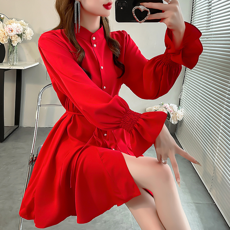 红色立领衬衫女赫本风法式小众