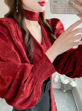 韩版红色灯笼袖宽松显瘦衬衫女