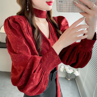 韩版高级感灯笼袖衬衣设计宽松显瘦小衫上衣女红色显白系带衬衫秋