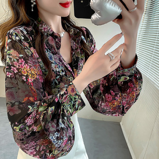 灯笼袖雪纺衬衫女2024新款减龄碎花上衣女轻奢高级感黑色衬衣女仙