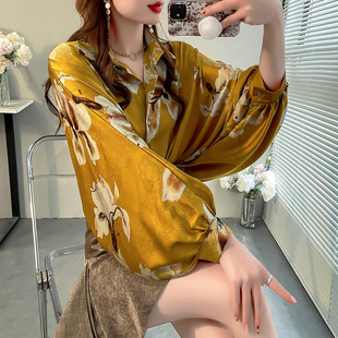 大码胖MM印花设计感蝙蝠袖衬衫休闲上衣女宽松韩版高贵气质衬衣春