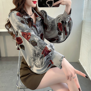 法式复古印花衬衫女高级感轻奢雪纺翻领衬衣大码气质灯笼袖上衣春