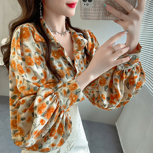 设计感小众碎花甜美上衣女2024年新款胖MM显瘦灯笼袖衬衫雪纺衬衣