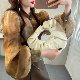 韩版欧根纱渐变立领雪纺女衬衫轻奢高级感衬衣宽松泡泡袖春装上衣