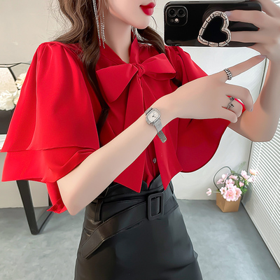 纯色飘带蝴蝶结雪纺女衬衫轻奢