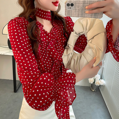 秋装法式飘带V领显瘦衬衫上衣女