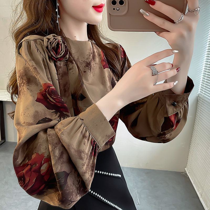 宽松法式长袖侧边飘带花朵上衣