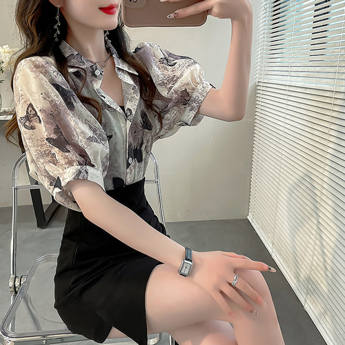 设计感小众气质蝴蝶印花衬衣女