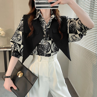 2024新款春装女衬衫两件套复古印花衬衣女设计感小众套装雪纺上衣