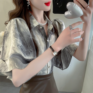 法式衬衫女夏装扎染印花设计感短袖荷叶边上衣气质名媛显瘦衬衣女