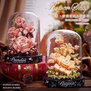 小王子玫瑰花芍药永生花盆栽积木益智力拼装香槟玫瑰手工儿童玩具