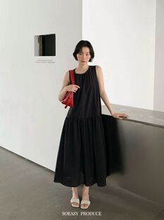 NUWA韩系新款清冷简约条纹背心无袖竖纹显瘦连衣裙女