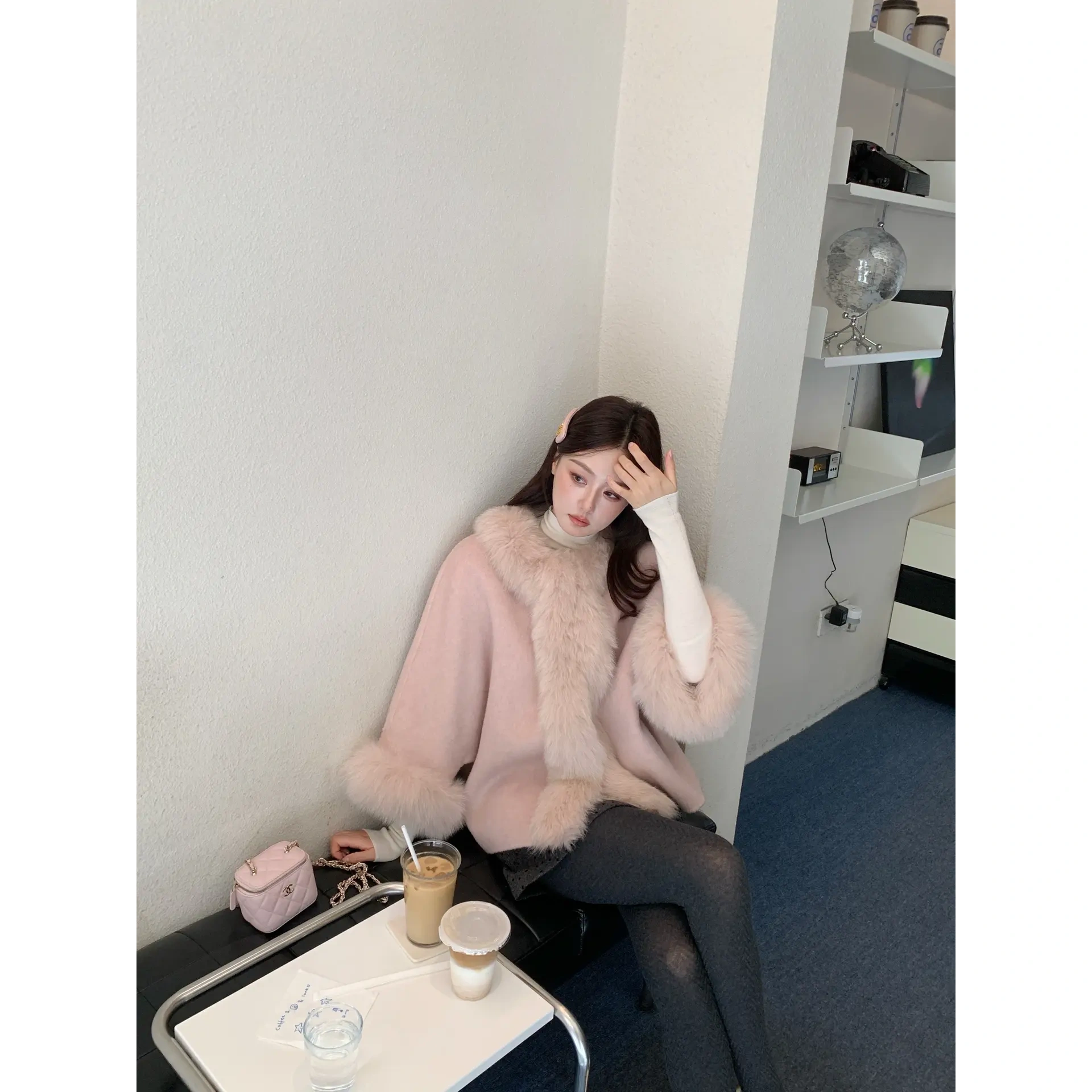 富家千金粉色气质狐狸毛毛领斗篷皮草大衣女斗篷款披风皮草短外套