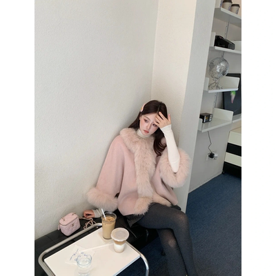 富家千金粉色气质狐狸毛毛领斗篷皮草大衣女斗篷款披风皮草短外套