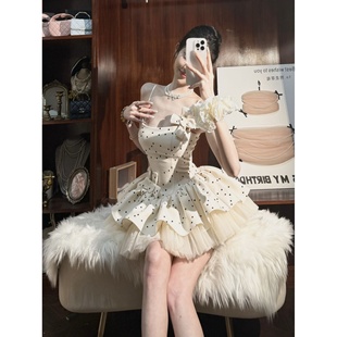 法式甜辣妹新款白色系撞色波点抹胸上衣蝴蝶结蕾丝蕾丝减龄连衣裙