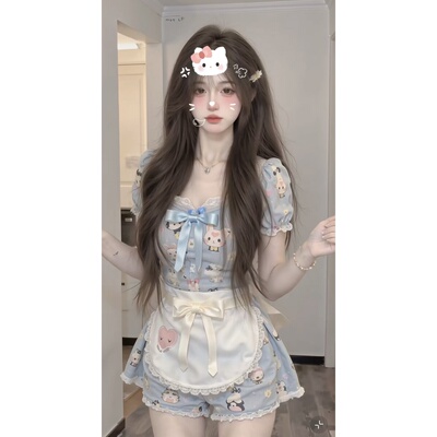 纯欲风少女蕾丝上衣短裤围裙套装