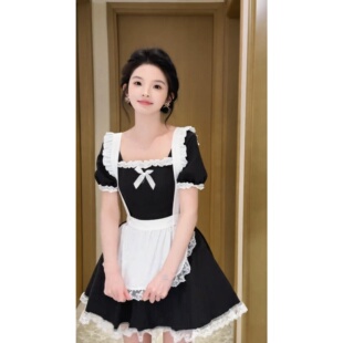甜美可爱少女新款女仆装条纹蝴蝶结连衣裙蛋糕裙公主裙蓬蓬裙套装