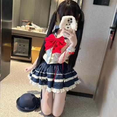 日系高腰蕾丝拼接海军领蓬蓬衬衣