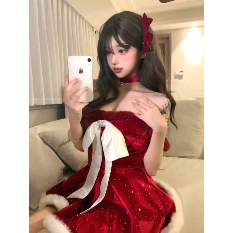 纯欲风辣妹连衣裙蝴蝶结圣诞穿搭