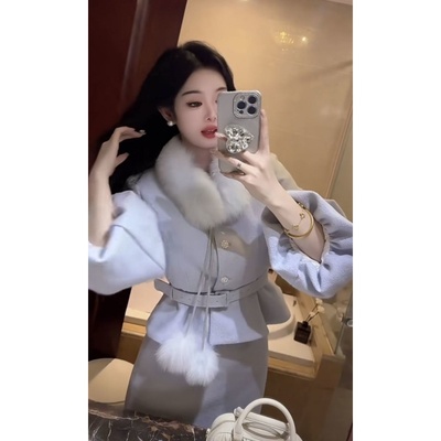 千金风蓝色毛呢套装女冬装毛领外套半身裙两件套腰带中长款套装裙