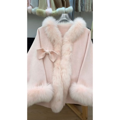 富家千金粉色气质狐狸毛毛领斗篷皮草大衣女蝴蝶结高级感皮草外套
