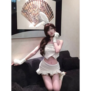白色毛绒兔女郎少女性感抹胸上衣百褶短裙cos氛围感半身裙兔耳朵