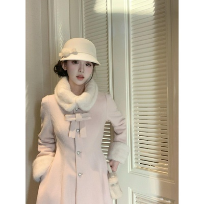 毛呢外套温柔气质千金感大衣毛领蝴蝶结外套高级富家大小姐中长款