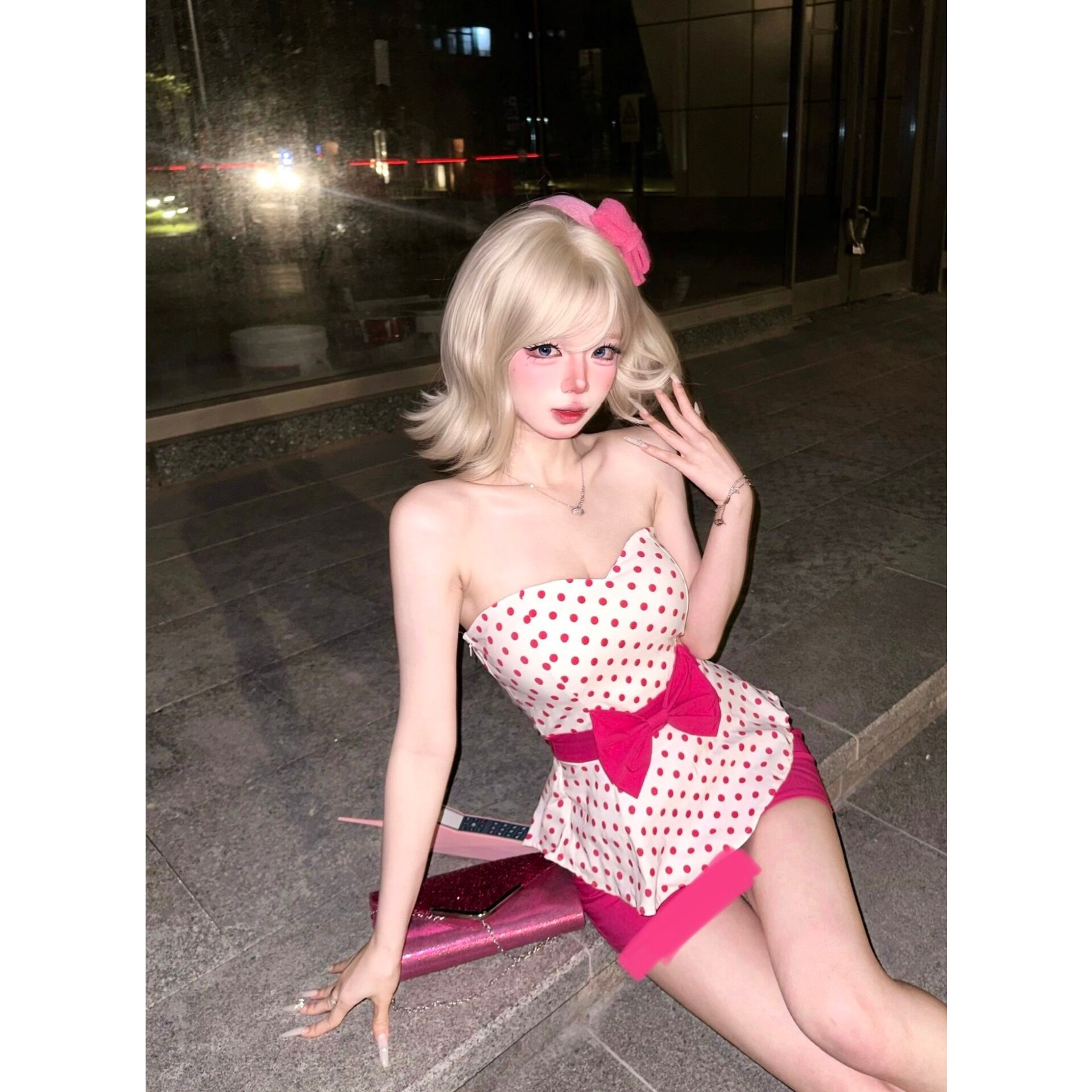 甜美风波点无袖马甲猫耳发箍圆点粉色猫咪造型夏日绝美俏皮小套装