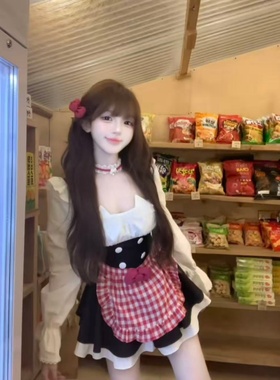 红色格子女仆装抹胸辣妹甜酷性感长袖收腰假两件连衣裙蓬蓬裙短裙