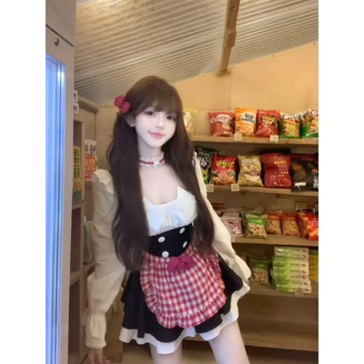 红色格子女仆装抹胸辣妹甜酷性感长袖收腰假两件连衣裙蓬蓬裙短裙