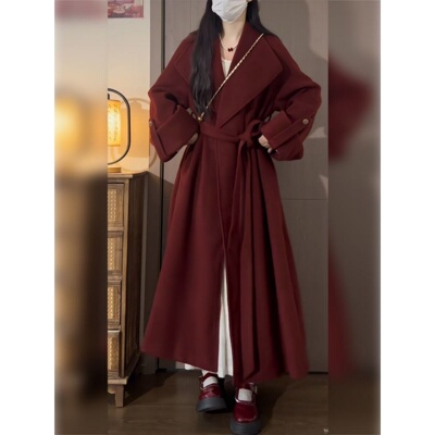 赫本风复古风酒红色长款毛呢连衣裙女束腰大摆裙高级感小个子新款