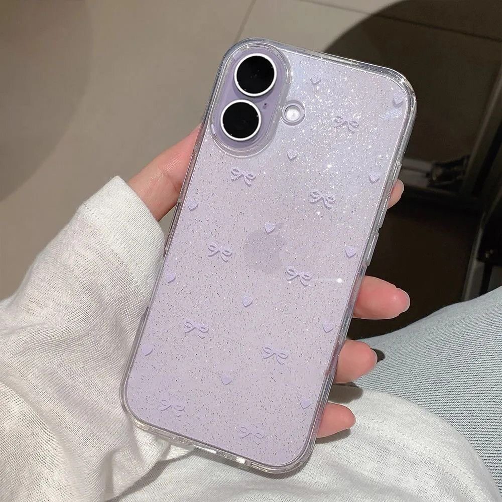 紫色爱心蝴蝶结适用iphone17Promax手机壳16闪粉14plus透明软壳15Promax苹果13细闪透明手机壳