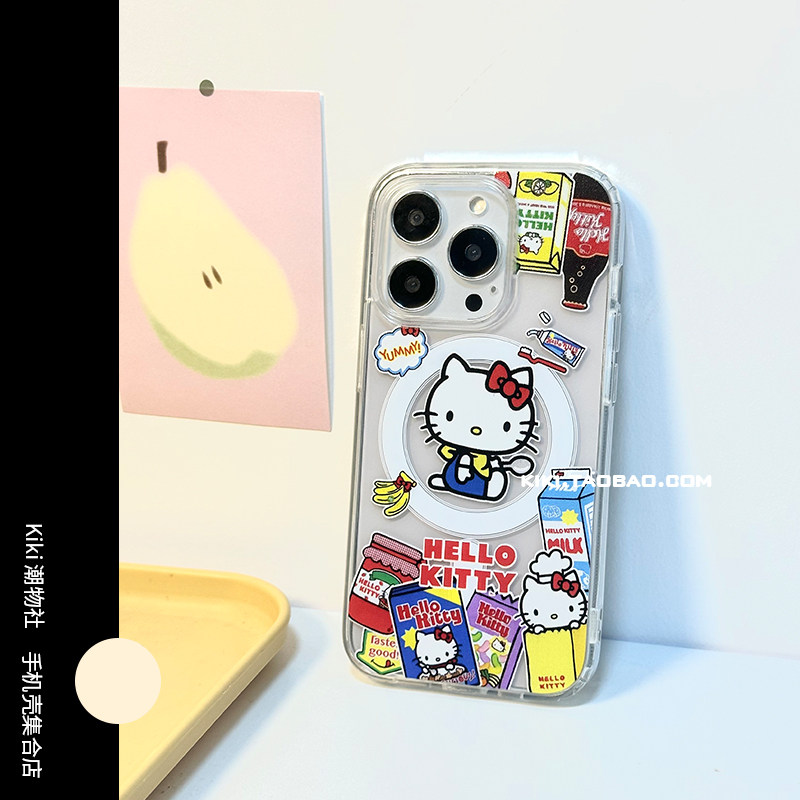 INS潮酷饮料标签Kitty猫高透磁吸适用iphone16promax手机壳17亚克力13小众14大孔11透明15plu