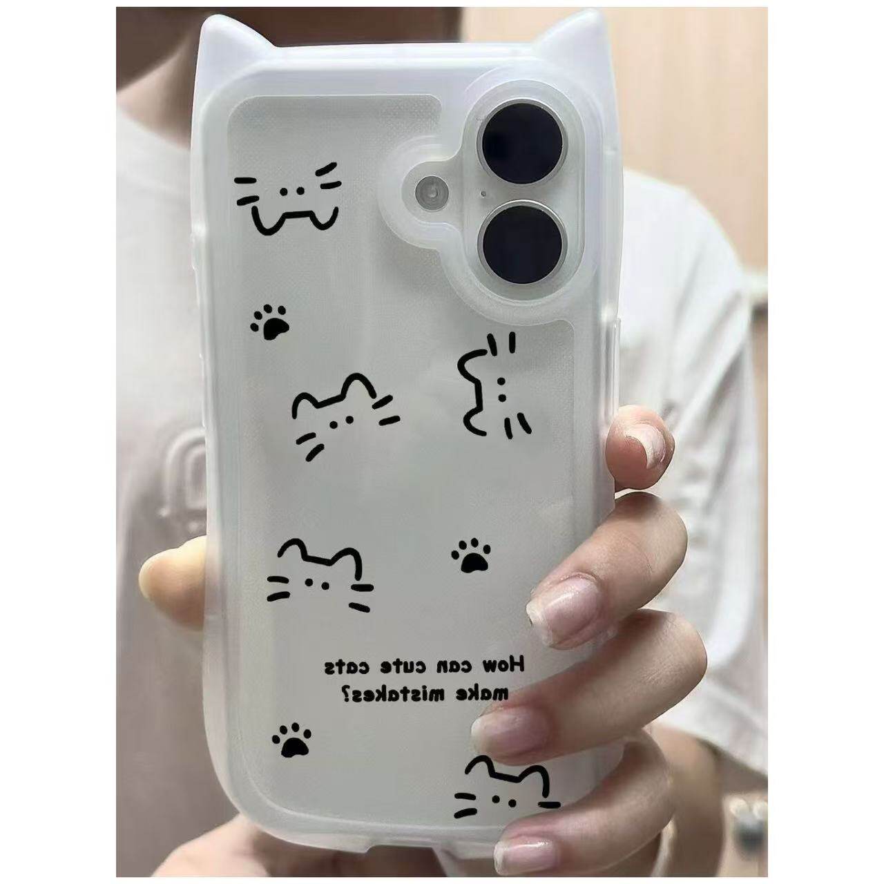 ins简约线条猫咪适用iphone17promax手机壳16立体猫耳15大孔12高级14plus透明13可爱11/XR透明保护套